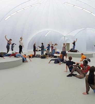 Fabric structure at 2019 Art Basel; artist Alexandra Pirici.
